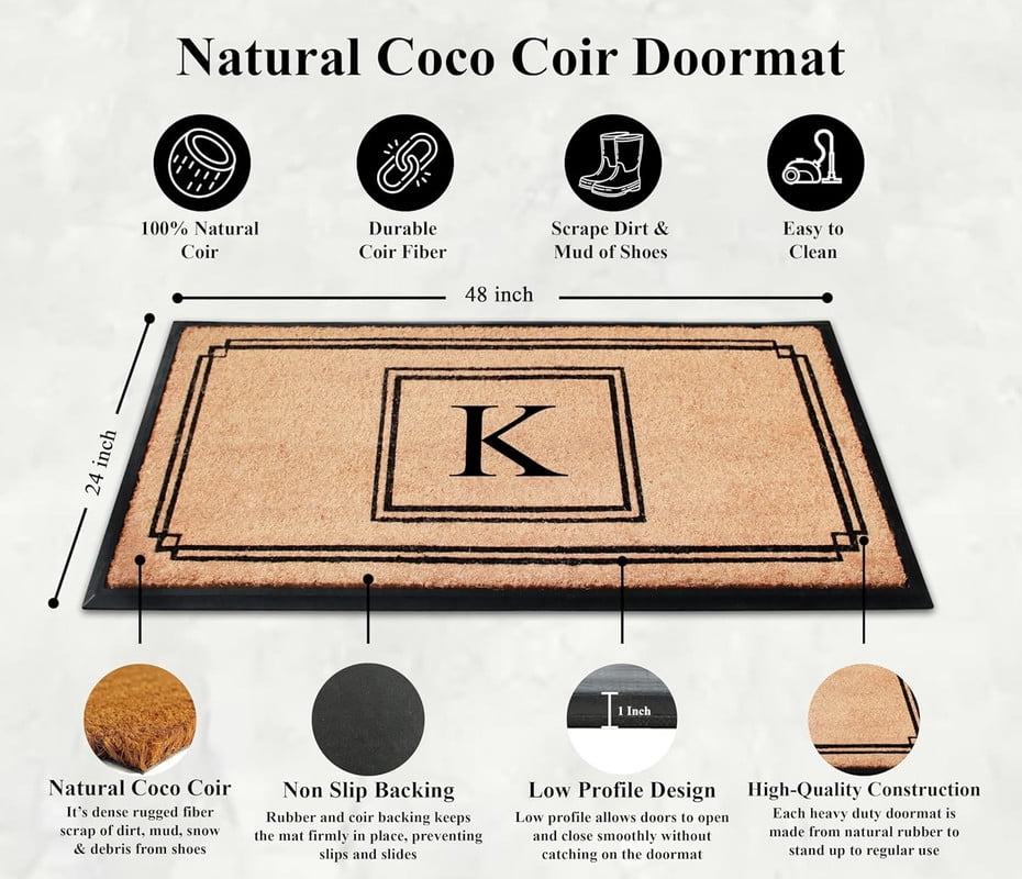 A1 Home Collections Rubber & Coir Mat, Heavy Duty, Extra Large, Front Door Mat 24"X48", Black/Beige Doormat Monogrammed K