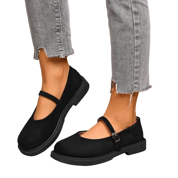 Women's Platform Suede Mary Jane Shoes Vintage Round Toe Casual Dress Shoes Wide Toe Box Slip On Loafers Black Size 7