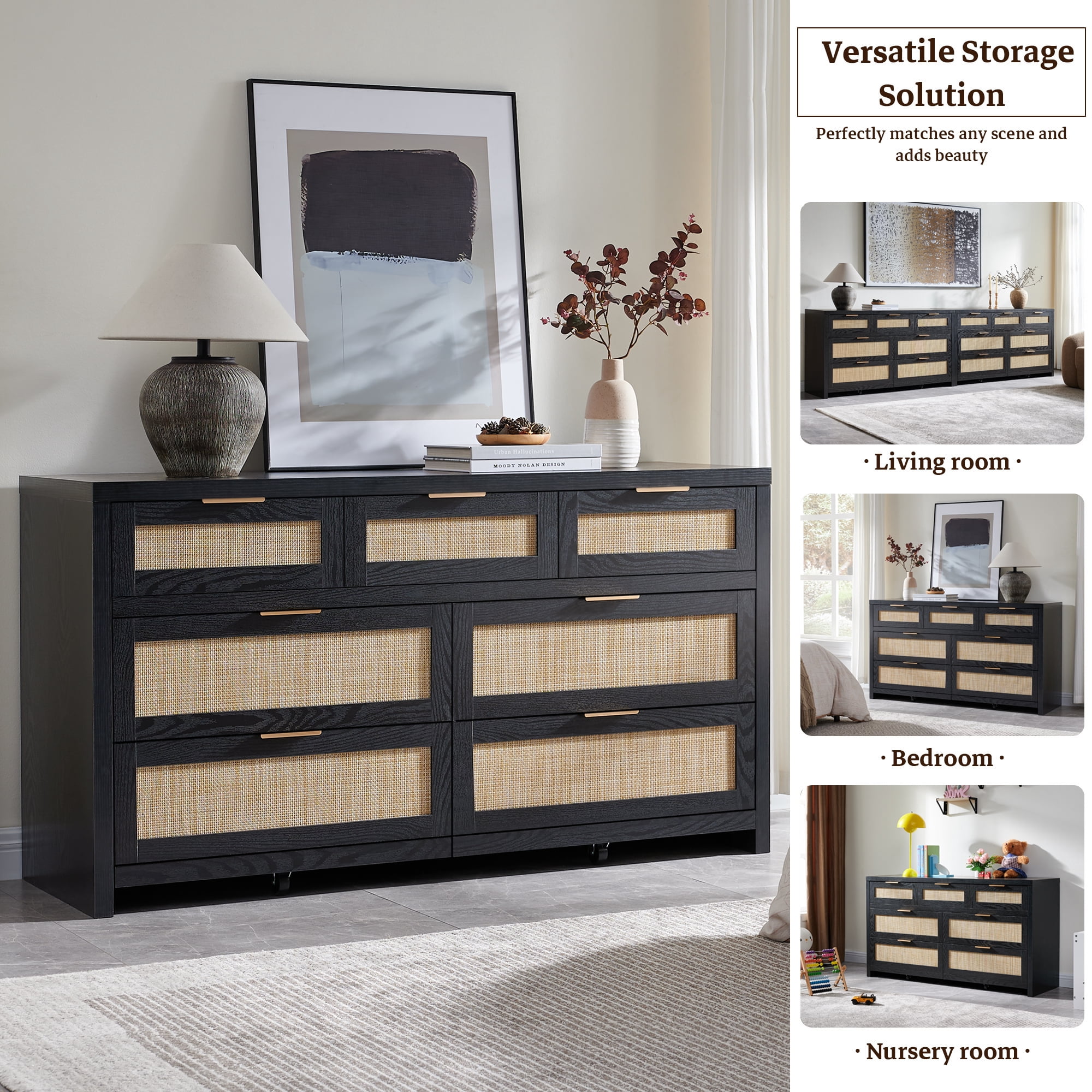 SICOTAS 56.88" Wide 7 Drawer Tall Dressers, Boho Dresser with Oversized Storage Space Rattan Dressers & Chests of Drawer Engineered Wooden Dressers for Bedroom,Black Oak