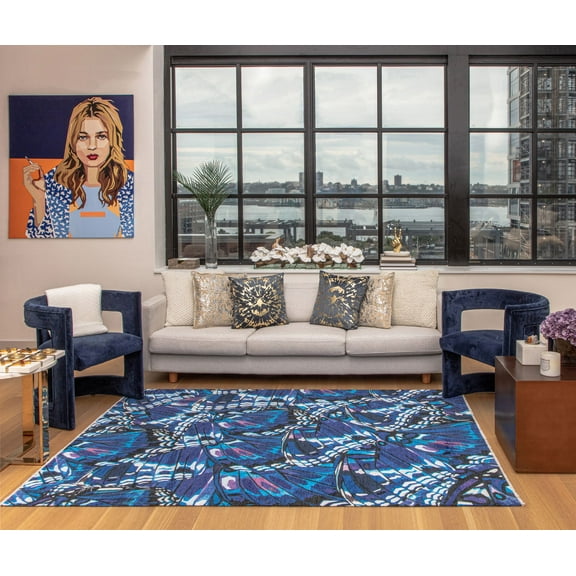 Elizabeth Sutton MI30B Morpho Blue Abstract Modern Blue Area Rug, 7'10"X10'0"
