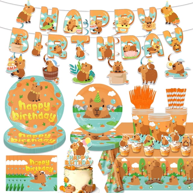 Set de decoración para fiestas de cumpleaños de capibara, 162 piezas, vajilla