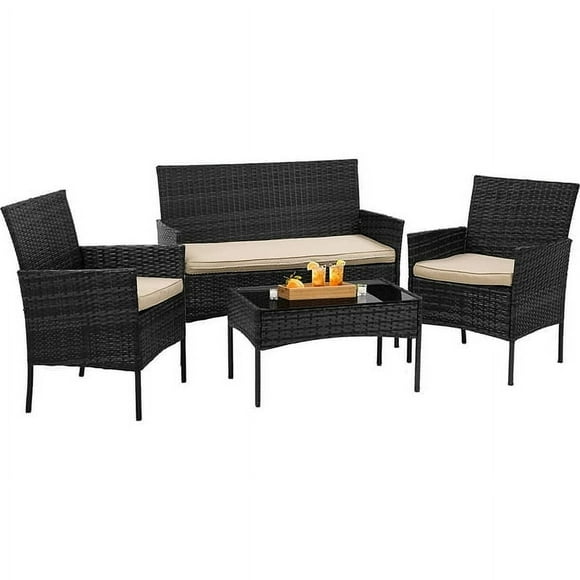 BestOffice 4-Piece Outdoor Patio Furniture Set – All-Weather Rattan Wicker Chairs, Loveseat & Coffee Table with Beige Cushions for Garden, Deck, or Backyard