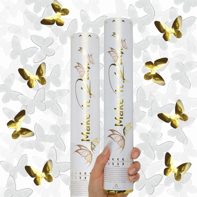 Primepure Cañones de Confeti - Cañón Confeti Mariposa Blanco y Dorado - Pack 2 - Confetti Cannon para Bodas, Eventos Románticos Fiestas, Cumpleaños y Aniversarios