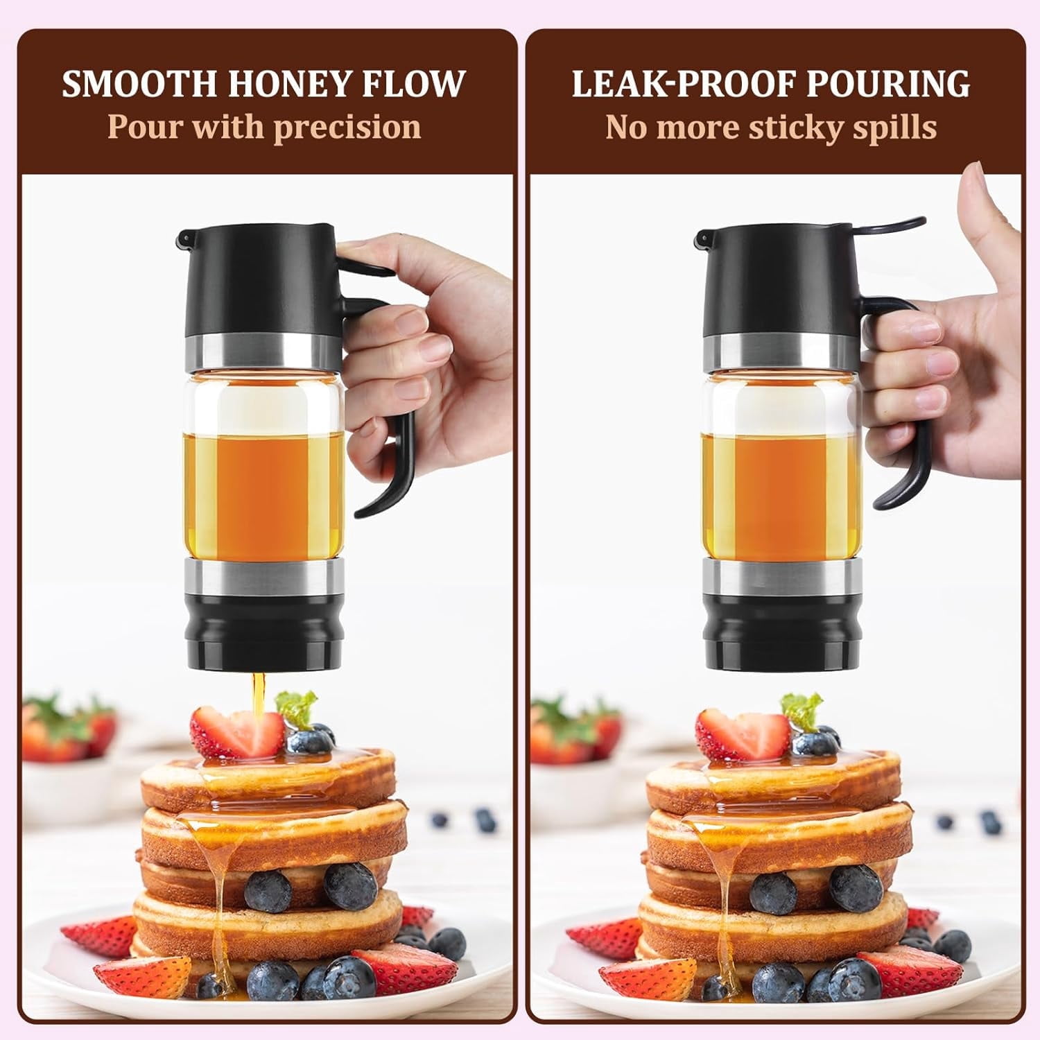 Glass Honey Dispenser No Drip with Base, 10oz Honey Pot Honey Jar Container with Handle, Maple Syrup Dispenser for Honey and Syrup