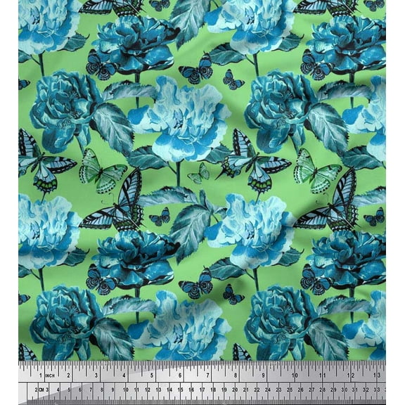 Soimoi Cotton Duck Fabric Leaves,Butterfly & Peony Floral Print Fabric by the Yard 42 Inch Wide