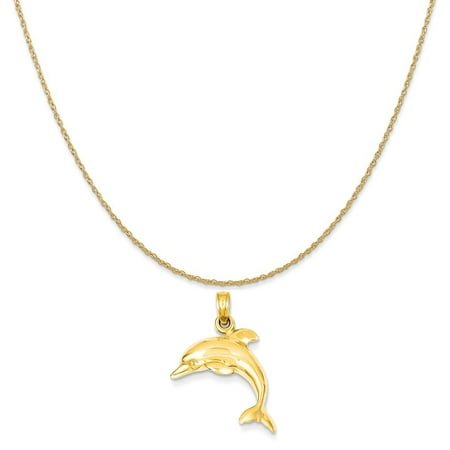 14k Yellow Gold Jumping Dolphin Pendant on a 14K Yellow Gold Rope Chain Necklace, 20"