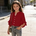 thumbnail image 3 of hoksml Girls Solid Color Soft Ruffle 3/4 Sleeve Blouse, V-Neck Button Down Shirt for Back to School and Everyday Wear, 3 of 8