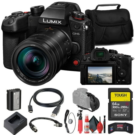Panasonic Lumix GH6 Mirrorless Camera with 12-60mm f/2.8-4 Lens (DC-GH6LK) + Sony 64GB TOUGH SD Card + Card Reader + Case + Flex Tripod + Hand Strap + Memory Wallet + Cap Keeper + Cleaning Kit