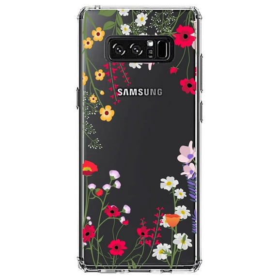 DistinctInk Clear Shockproof Hybrid Case for Samsung Galaxy Note 8 - TPU Bumper Acrylic Back Tempered Glass Screen Protector - Wildflowers Border Blue Pink Purple