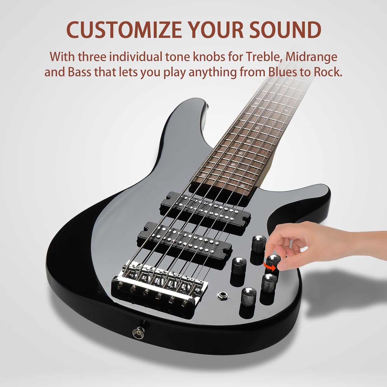 HarmonyStrings Bass Guitar 6 String Electric Bass Guitars, Beginner Bass Guitar with Professional H-H pickup, 3 Way Pickup Selector, Premium Cable, Unique Body Design for Beginner Black Upgraded