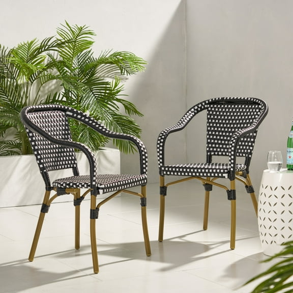 Baton Aluminum and Wicker Outdoor French Bistro Chairs, Set of 2, Black, White, and Wood Print