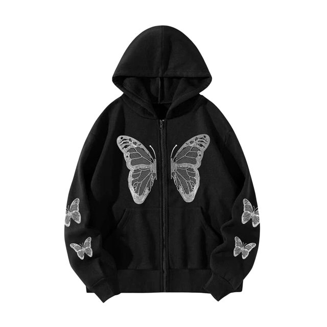 VISgogo Sudaderas con Capucha para Mujer Sudaderas, Chaqueta de Estilo Suelto con Cierre de Cremallera y Patrón de Mariposa de Manga Larga VISgogo moda