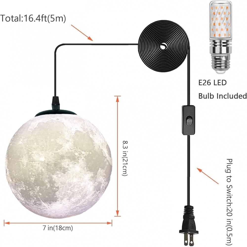 Resin Moon Pendant Lamp Plug in Adjustable Cord, 3D Printing Hanging Ceiling Lighting Fixture, Pendant Light for Home, Office, Bars and Cafe, ddct210821B05