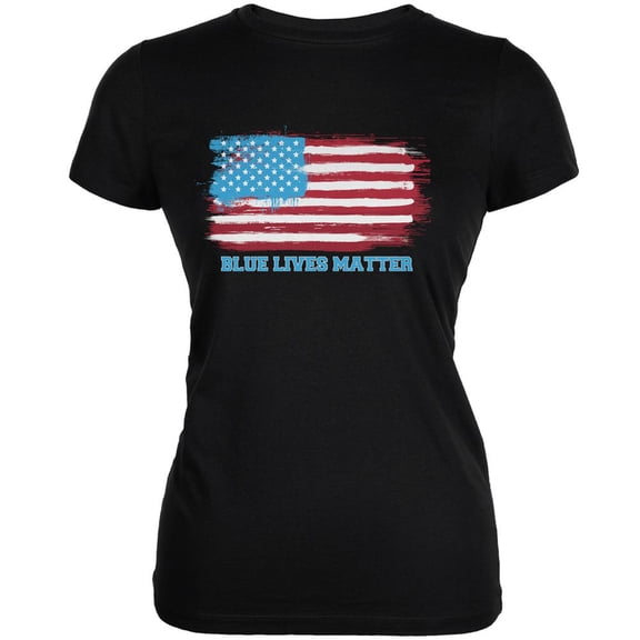 Blue Lives Matter Distressed American Flag Black Juniors Soft T-Shirt - 2X-Large