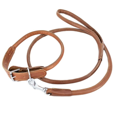 Genuine Leather Round Circle Rolled Dog Collar with Leash 4ft for Medium Large Pet sz XL: Neck 18 - 22