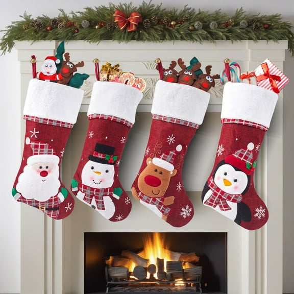Christmas Stockings Set of 4,Large 18.8" Xmas Stockings Fireplace Hanging Stockings with Plush Cuff,Santa Snowman Reindeer Penguin for Holiday Decor,Christmas Tree Decoration (4pcs)