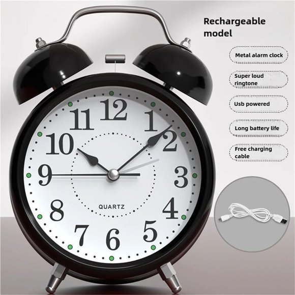Silent Non-Ticking Analog Quartz 4 Inches Battery Operated Twin Bell Loud Alarm Clock with Backlight for Bedroom
