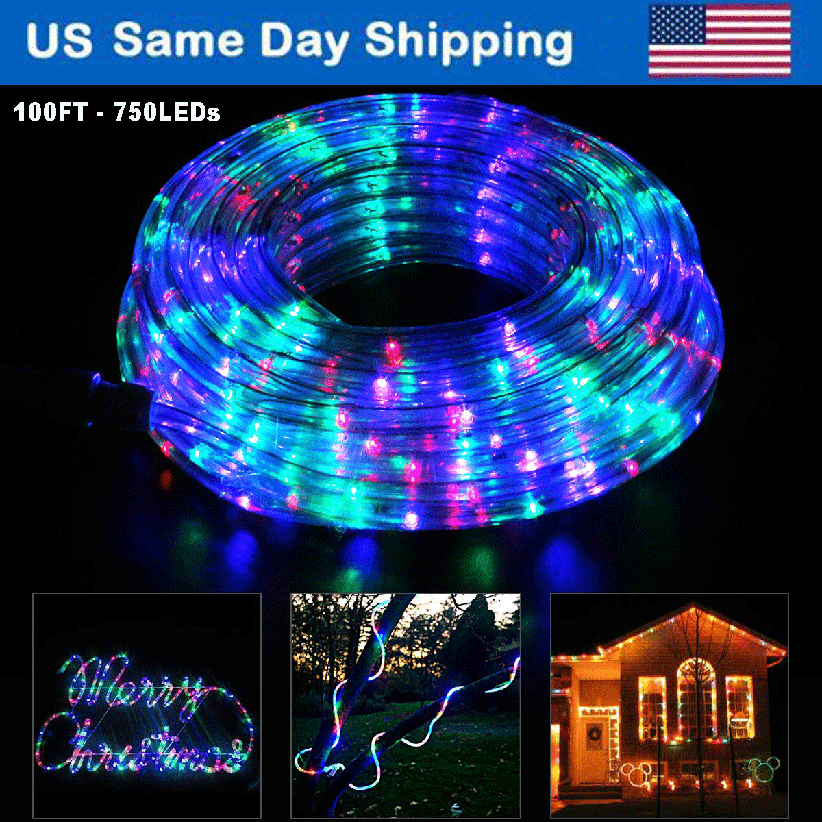 LED Flat Rope Light 110V Lighting In Outdoor Deck Xmas Christmas 9FT Blue Color 