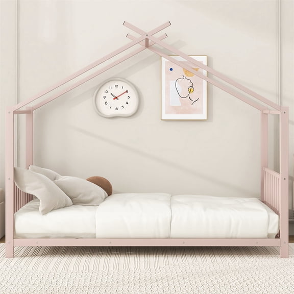 SESSLIFE Montessori Floor Bed, Twin Size Toddler Floor Bed with Roof and Guardrail, House-Shaped Design, No Box Spring Needed, Toddler Bed Frame for Kids, Pink