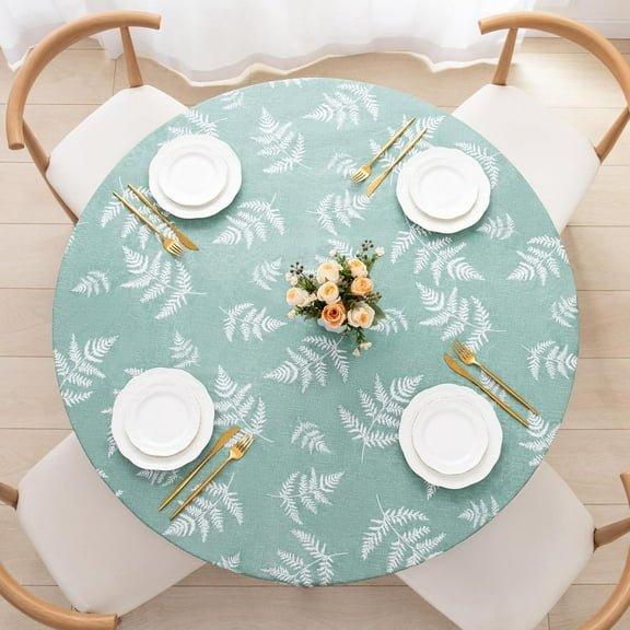 Round Fitted PEVA Vinyl Tablecloth with Elastic Edged & Flannel Backing, Waterproof Wipeable Round Table Cover for Indoor Outdoor Patio Use - Fits Tables up to 45"-52" Dia. (Green Leaf)
