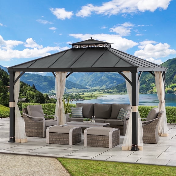 Sunjoy Hardtop Gazebo 11 x 13 ft. Outdoor Patio Black Metal Gazebo, Double Tiered Gazebo with Ceiling Hook and Mesh Netting, Black