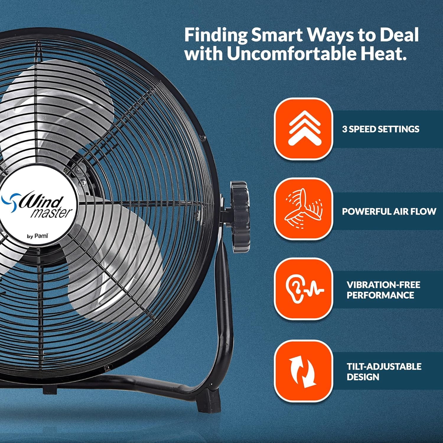 PAMI Floor Fan 12 inch Black – High-Velocity Metal Electric Fan with 3 Speeds & Adjustable Head Fans for Home & Office