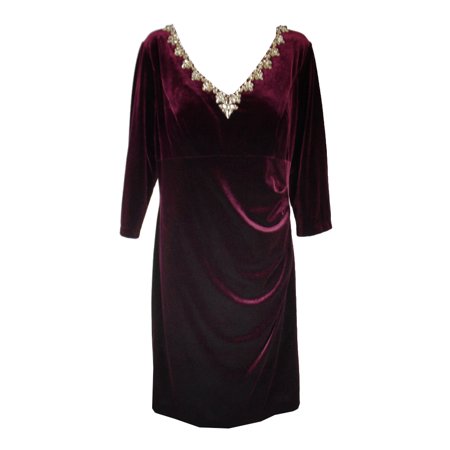 Alex Evenings Plus Size Burgundy Embellished Velvet Dress 18W