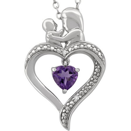 Amethyst Diamond Accent Sterling Silver Mother and Child Open Heart Pendant, 18