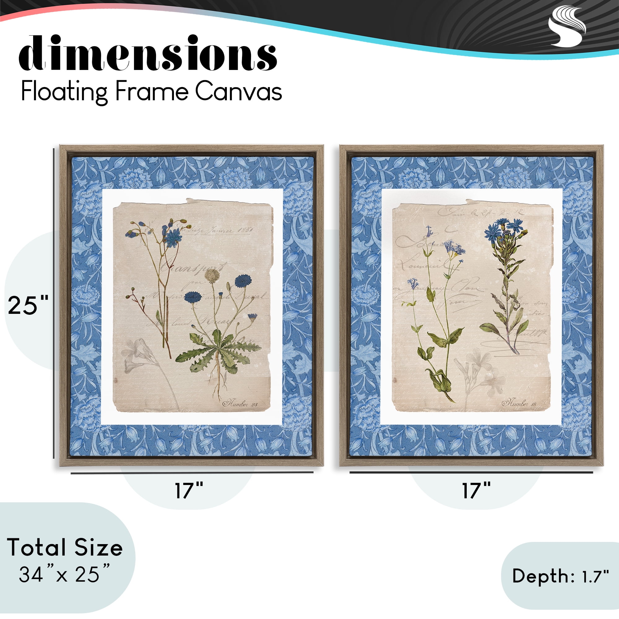 Stupell Industries Blue Botanical Herbs 2 Piece Brown Framed Floater Canvas Set, design by Livi Finn