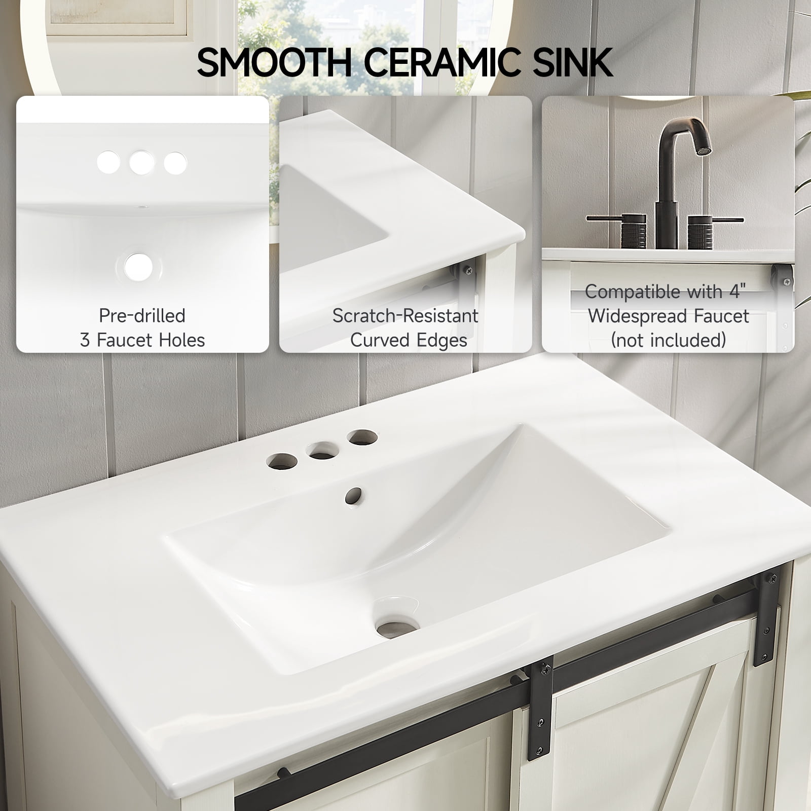 30 Inch Bathroom Vanity with Sink Combo, Farmhouse Bathroom Vanities with Sliding Barn Door & Metal Handle, Freestanding Single Sink Cabinet with Adjustable Shelve & Thicken Frame (White)