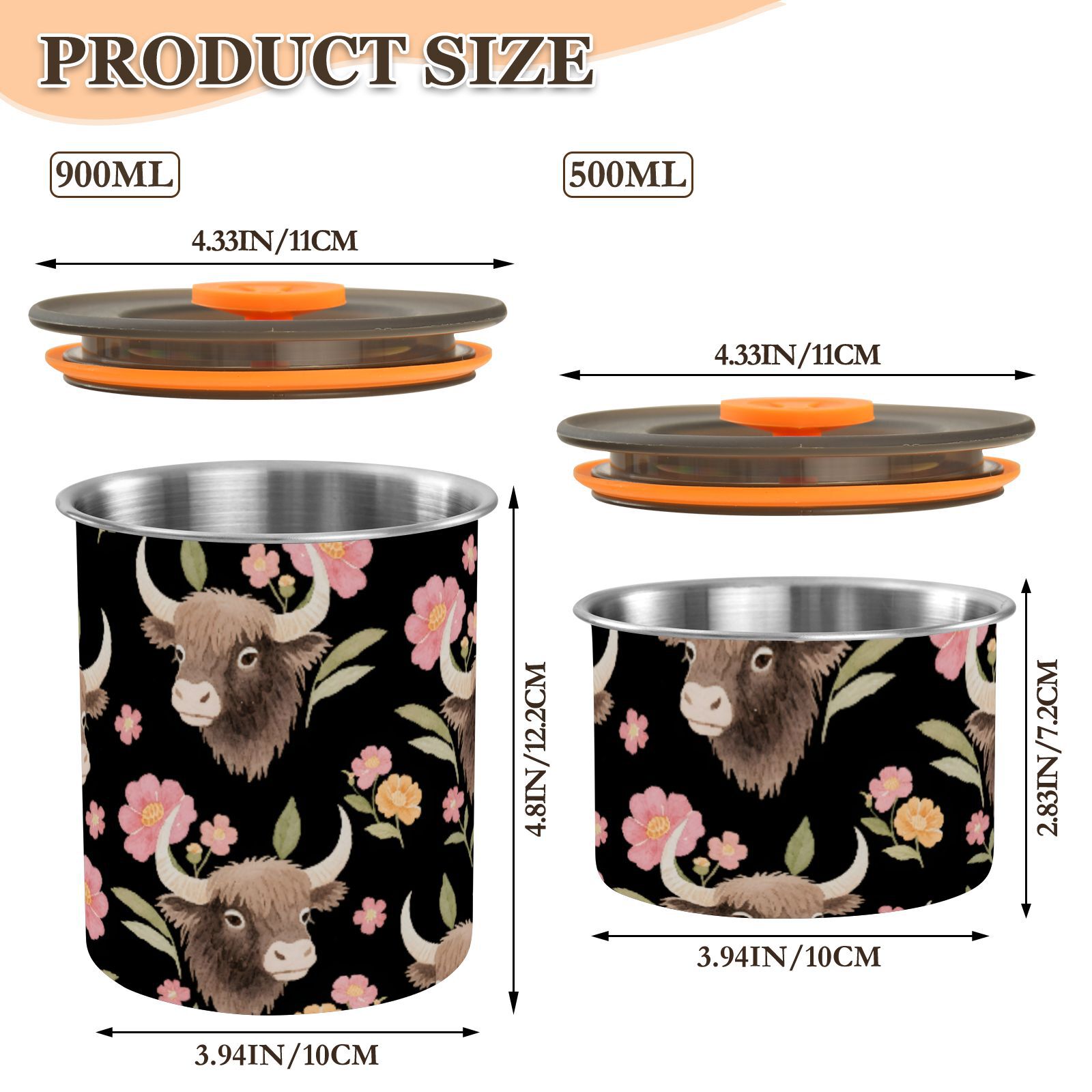 Cute Yak Flowers Airtight Coffee Bean Canister 30oz Food Storage Containers with Lids For Gournd, Tea, Sugar, Flour, Rice, Cereal, Candy Cookie Jar