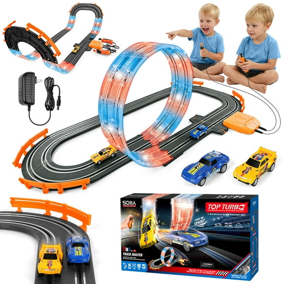 UQN 2-in-1 Slot Car Race Track Set, Electric Race Track for Kids 4-8 with 1:64 High-Speed Racing Car, Dual Racing Game Lap Counter Circular Overpass Flash Tracks, Gifts Toys for Boys Kids age 6-8-12
