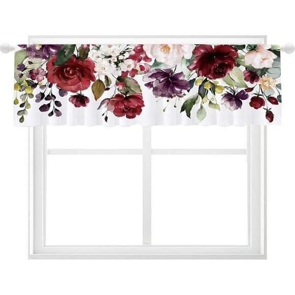 Burgundy Red Floral Valances for Windows Watercolor Flower Kitchen Curtain Valance Treatment Tiers Bathroom Short Curtains Valance for Living Room Bedroom Laundry Room (55x18 Inch)