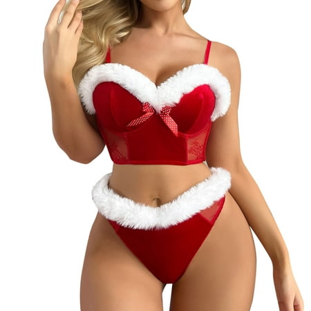 

Women 2PC&4PC Lingerie Set Fuzzy Trim Christmas Lingerie Set Lingerie Underwear Sleepwear Steel Ring Pajamas Garter Lingerie Two Piece Lingerie for Women High Waist Maternity Lingerie Christmas