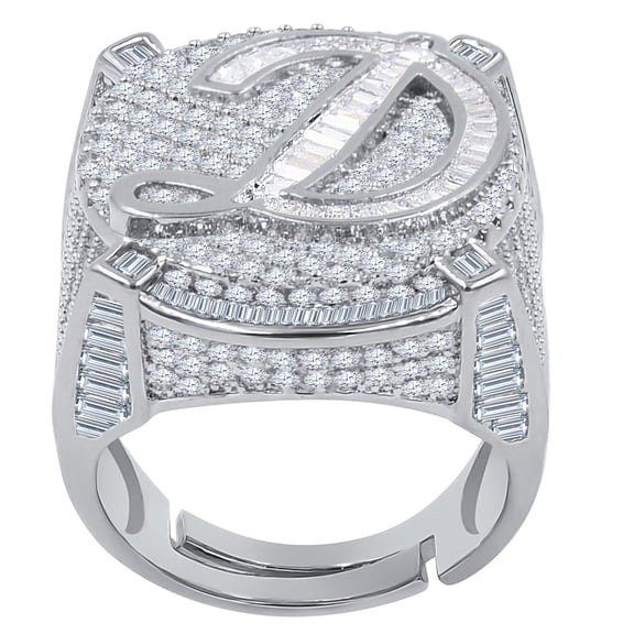 Mens Round Baguette Custom Designer Band White Gold Tone Simulated Diamond Initial Letter Alphabet "D" Ring