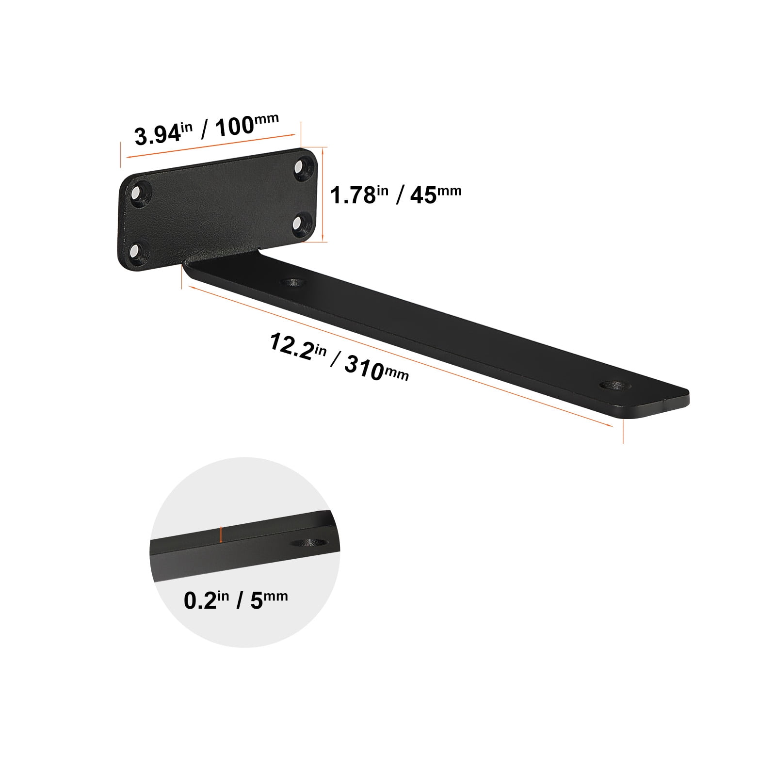 VEVOR Shelf Bracket, 12”L x 4”W x 1.6”H 6 Pcs, Heavy Duty Floating Shelf Brackets, Brackets for Shelves, 5mm Thick Matte Black L Shelf Bracket,Steel Shelving Brackets with 160 lbs Load Capacity