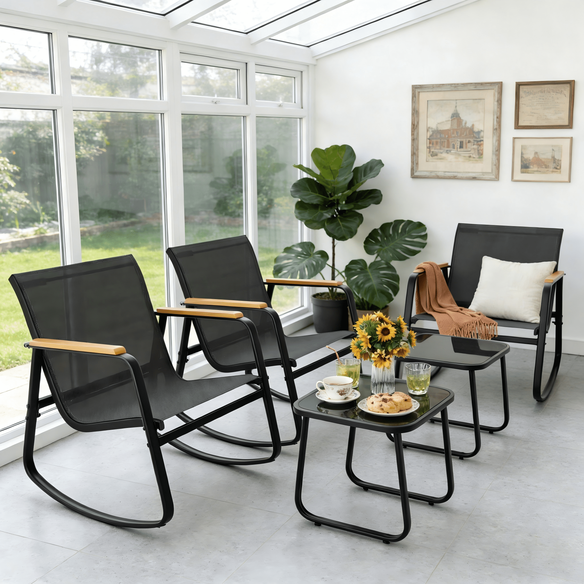 Lofka 3 Piece Patio Furniture Set, All Weather Teslin Outdoor Rocking Chair Set with Tempered Glass Coffee Table, Outdoor Seating Set for Backyard Balcony Porch Garden, Black