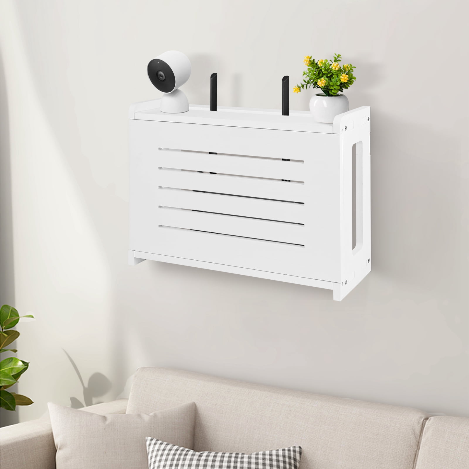 White Router Shelf Wall Mount WiFi Router Storage Box Modem Cable Router Cover Organized Power Strip Cable Management Hider Rack by Solid Wood