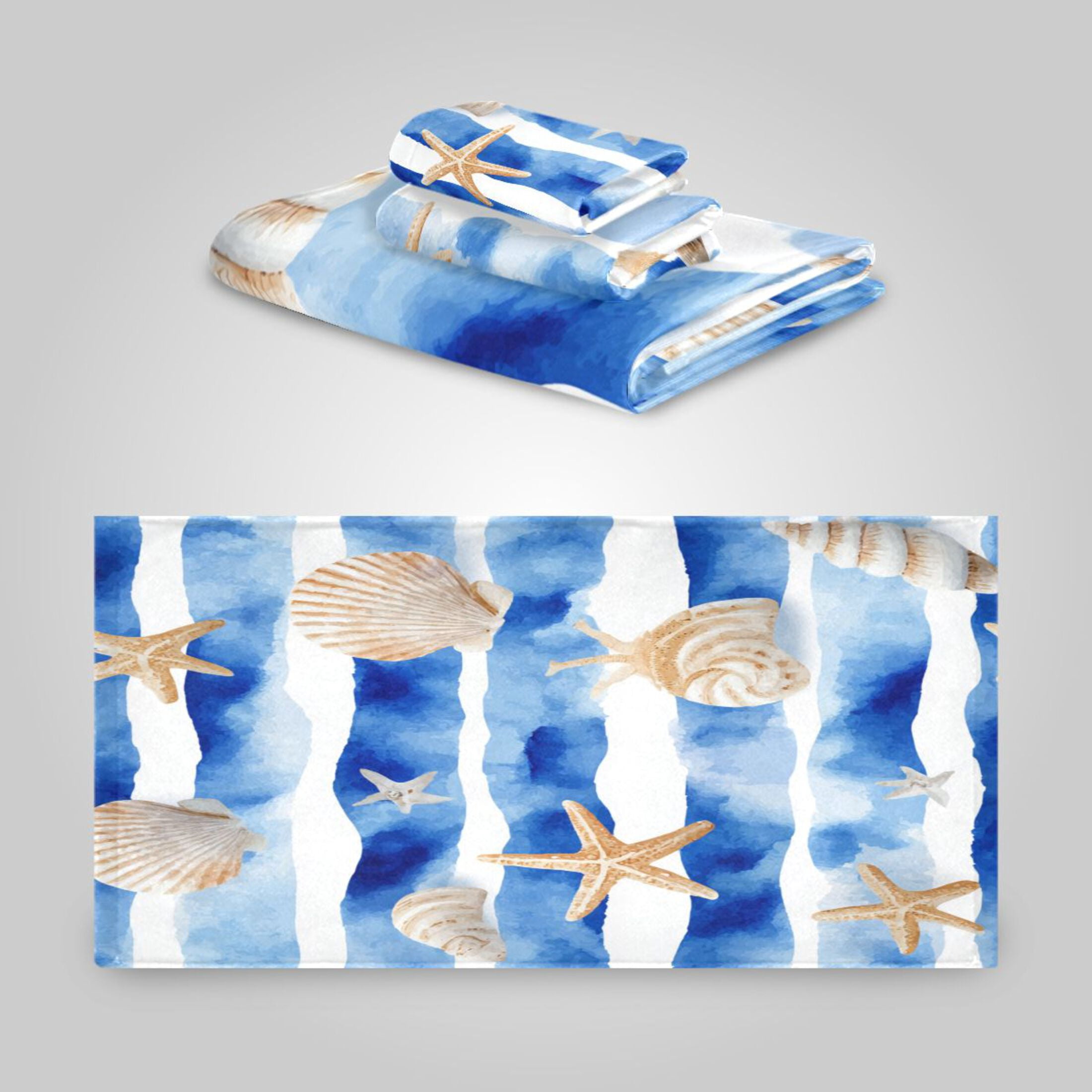 3 Sizes Towel Set - Bath Towel, Hand Towel & Washcloth for Daily Household Use Blue Nautical Stripes Pattern
