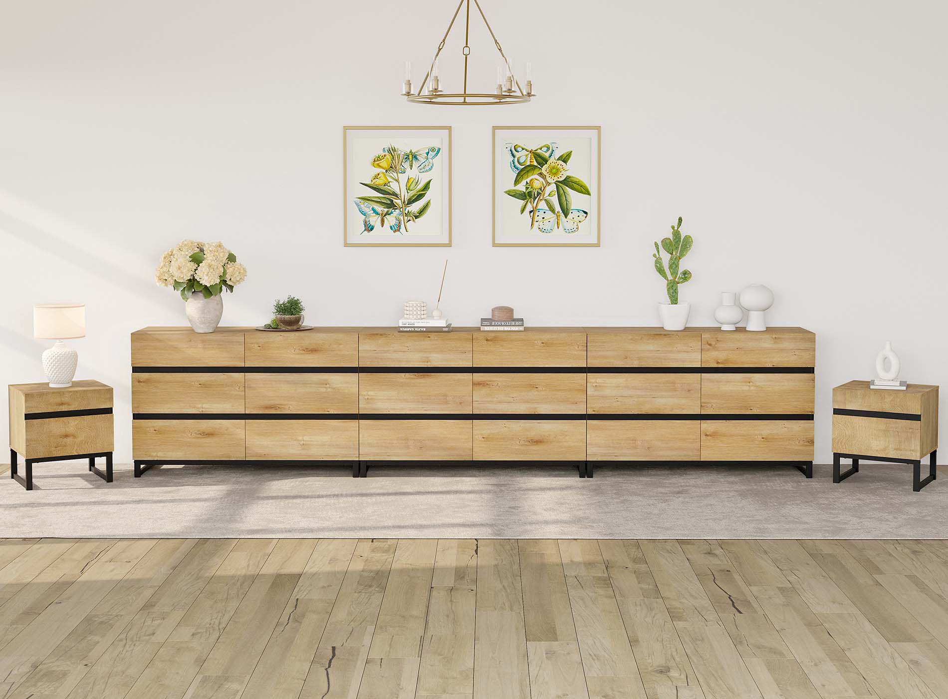 WAMPAT 5-Piece Bedroom Set, Modern 142" 18-Drawer Dresser & 2 Nightstands (2 Drawers Each)