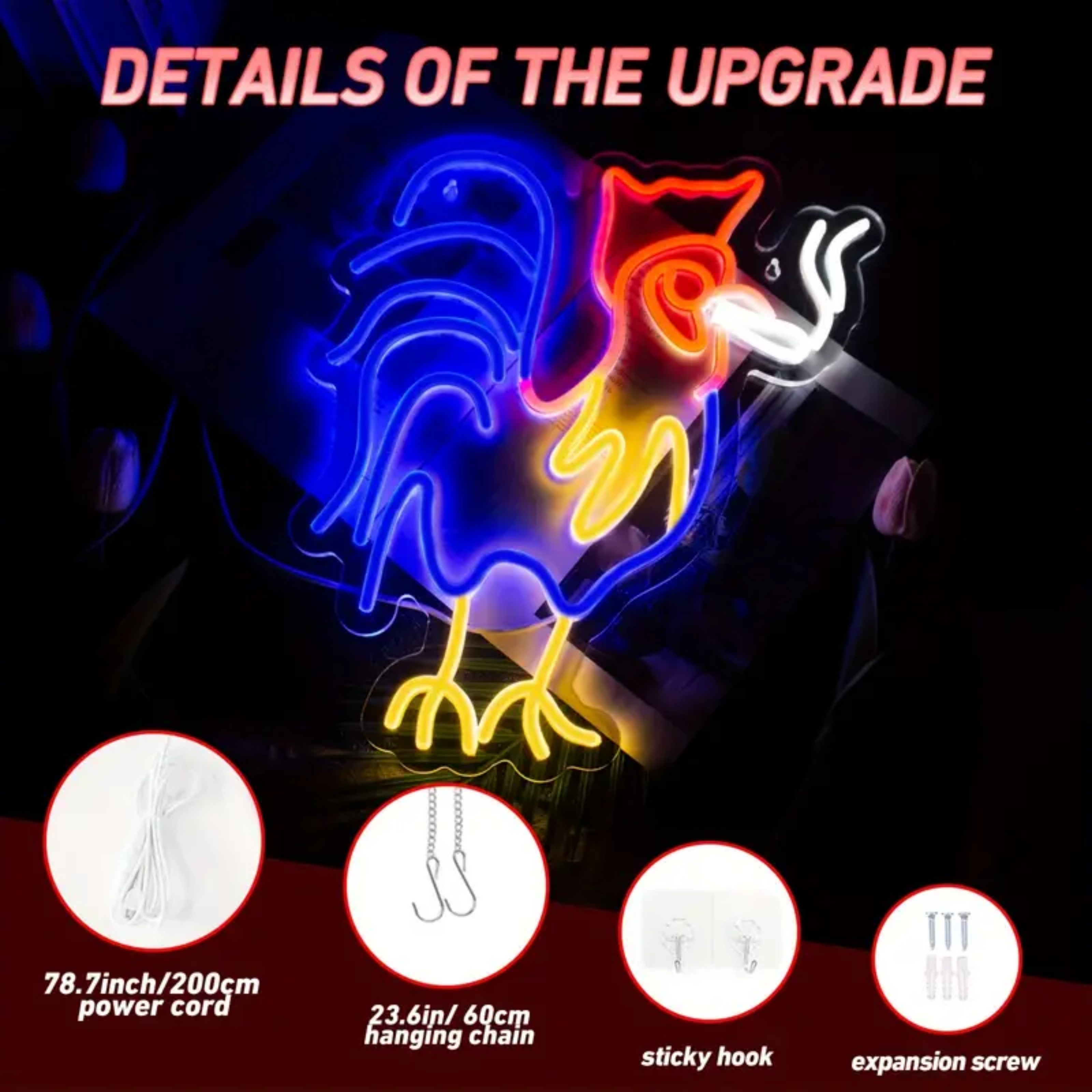 UPONRAY Cool Rooster Neon Signs, 12.6"*16" Dimmable & USB-Powered LED Neon Light, Stylish Wall Decor for Bedroom, Party, Game Room, Man Cave, Bar