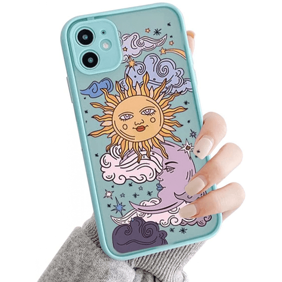 Compatible avec iPhone 12pro maxCase pour Dos PC Givré Clair 3D Soleil Lune Dessins Animés Filles Femmes et Pare-Chocs en TPU Silicone Étui Mince pour iPhone 12pro Max-Bleu