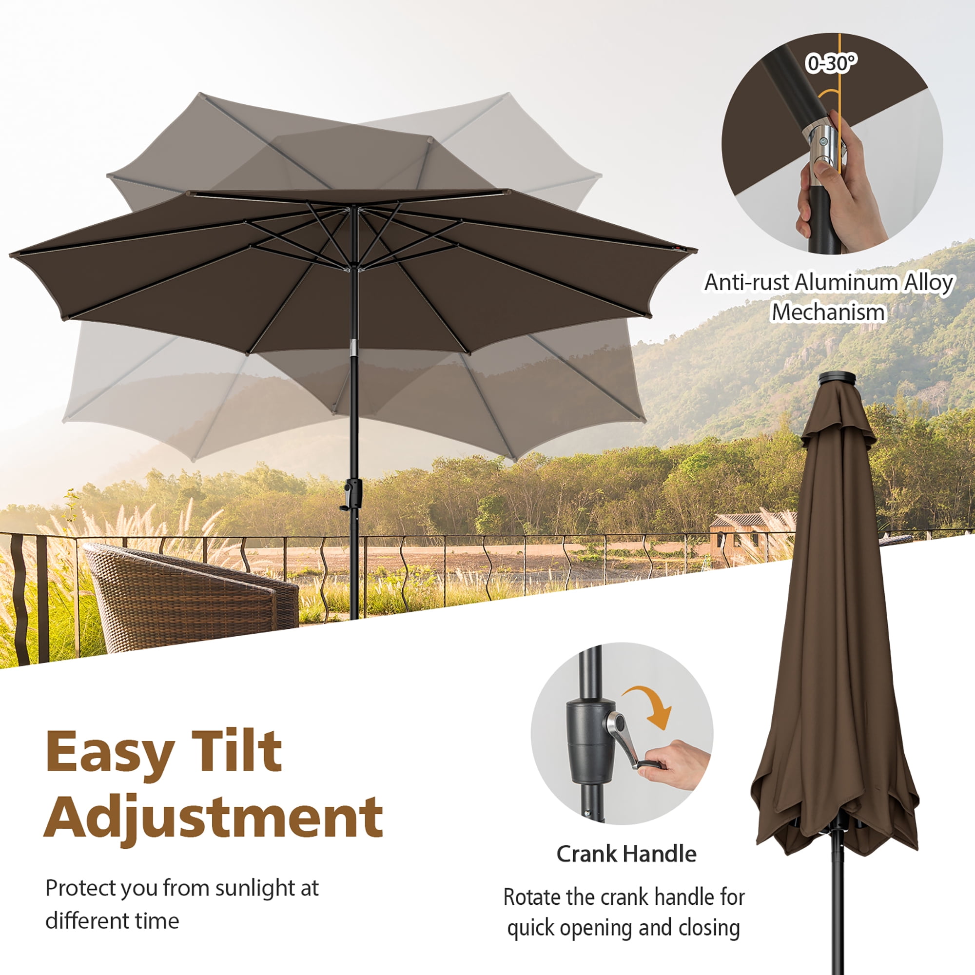 Gymax 10FT Solar Patio Umbrella 112 LED Lighted Umbrella Outdoor Table Market Umbrella Coffee
