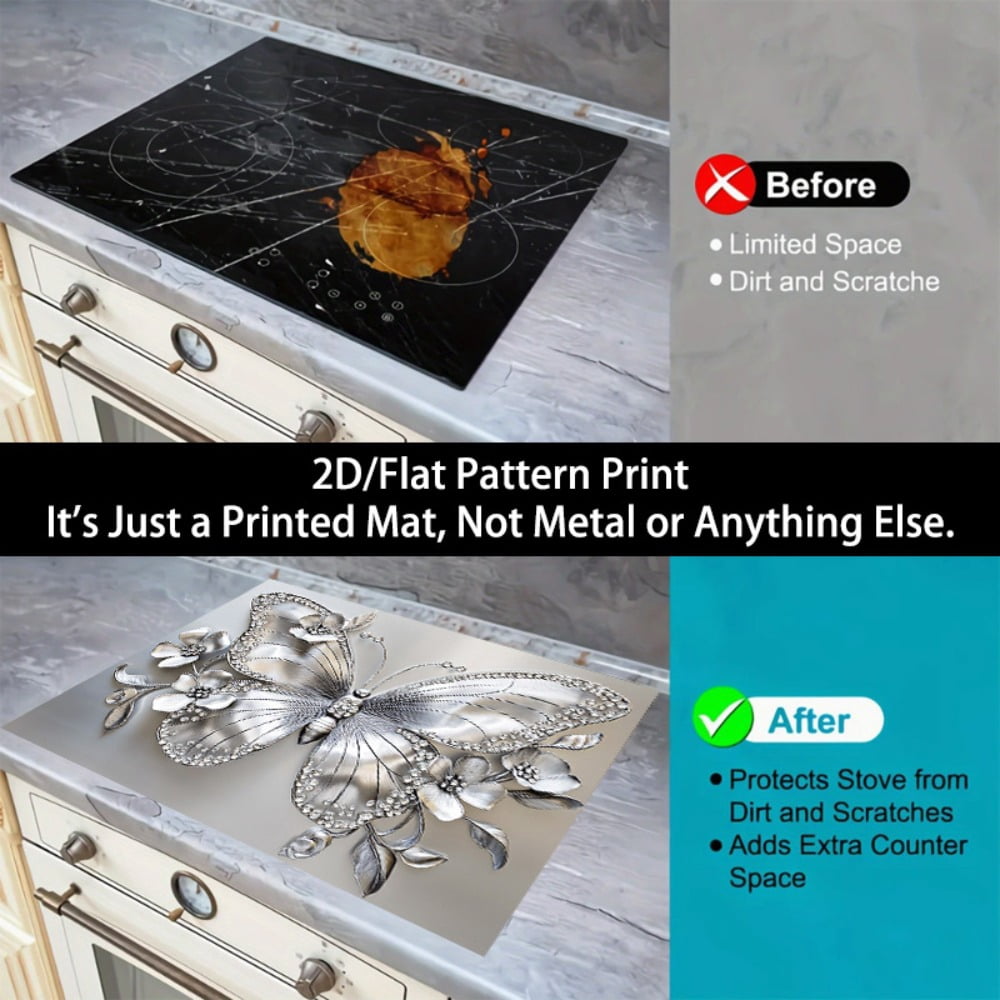 1 2D/flat stove cover protection pad, embossed diamond-encrusted butterfly flower pattern design, 28.3x20.5 inches (72×52cm), easy to clean, perfectly suitable for any kitchen, washing machine, dryer