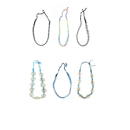 - Frogsac Set of 6 Unisex Genuine Pukka & Cowrie Shells Colored Braid Cord Adjustable Choker Necklaces