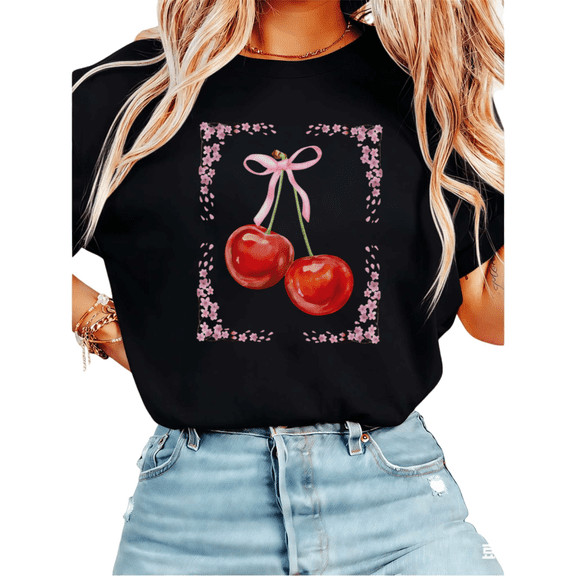 Women Casual Red Pink Cherry Bow Graphic Tees Cotton Crew Neck Printed T Shirt Tops Black S-5XL