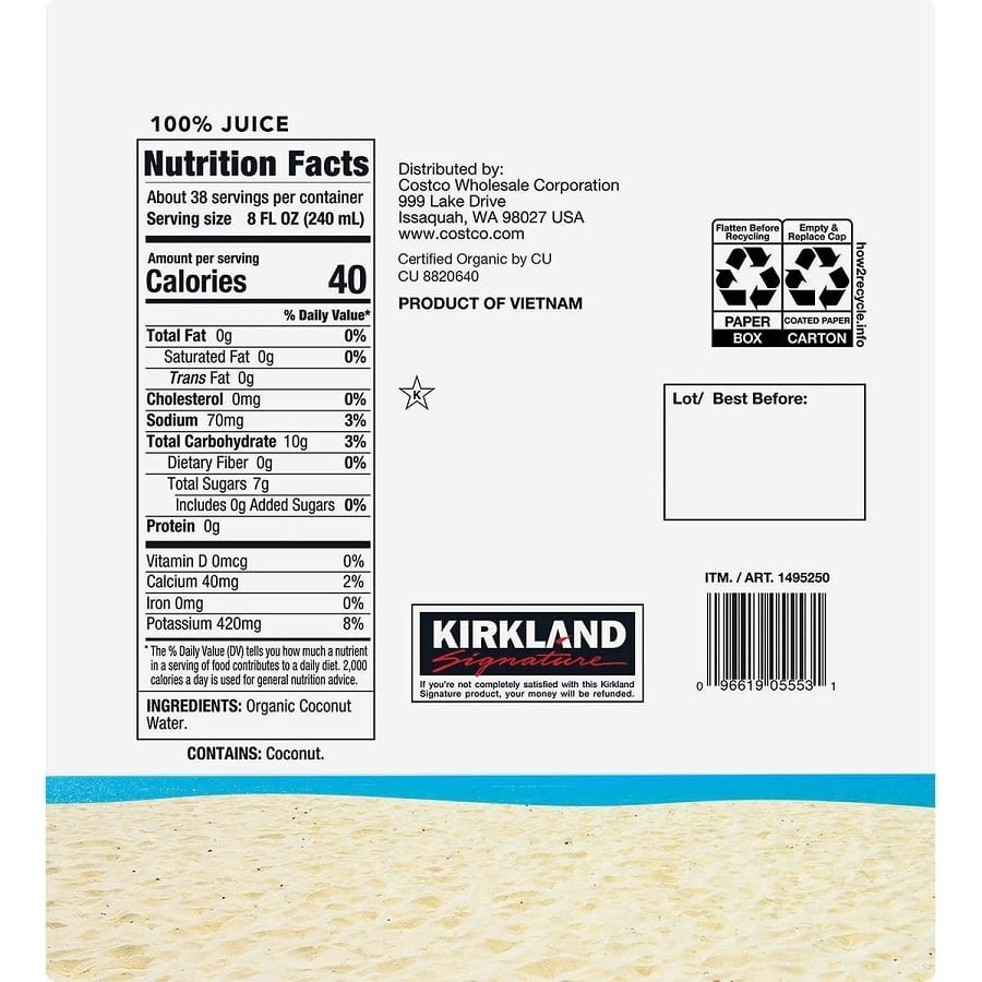 Kirkland Signature Organic Coconut Water 33.8 Fluid Ounce (Pack of 9)