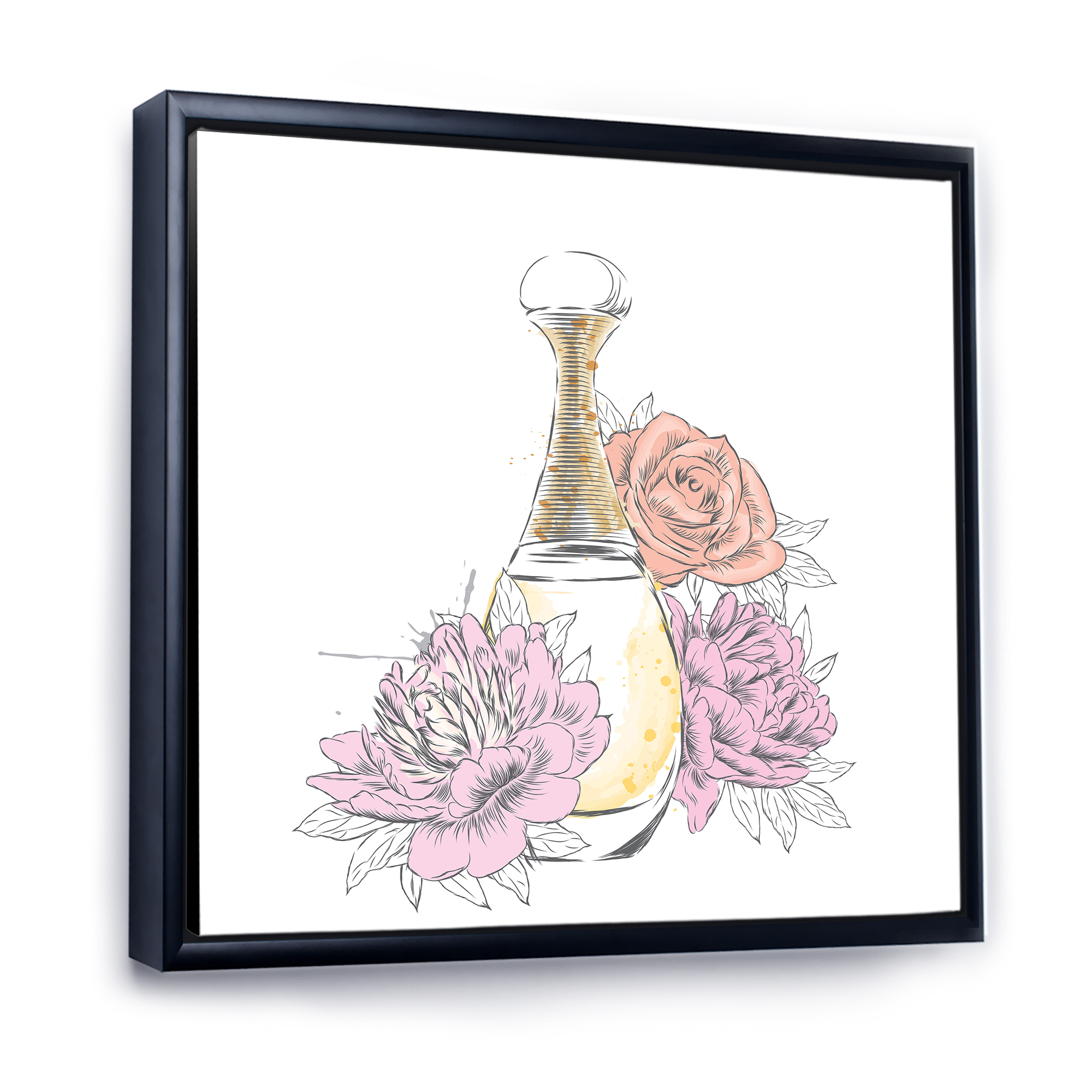 Bouquet of Flowers and Perfume Bottle I 36 in x 36 in Framed Painting Canvas Art Print, by Designart