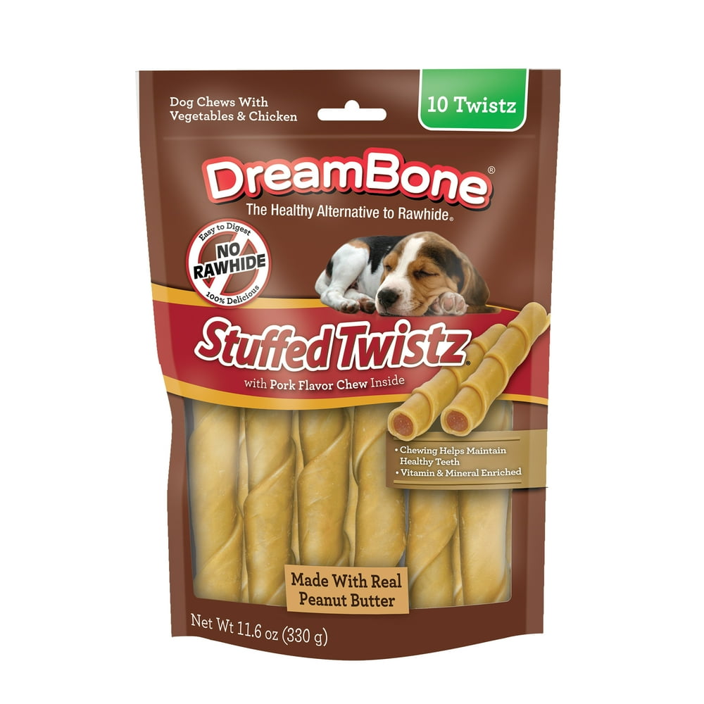 DreamBone Stuffed Twistz with Peanut Butter RawhideFree Dog Chews, 11.