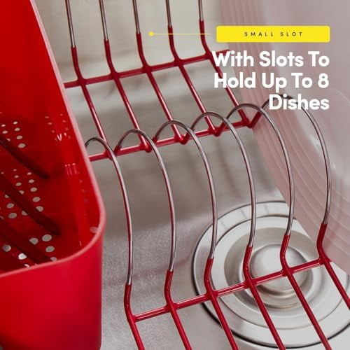 Metal 2 Piece Dish Drying Rack Set Drainer with Utensil Holder Simple Easy to Use Fits in Most Sinks, 14.5" x 13" x 5.25", Red